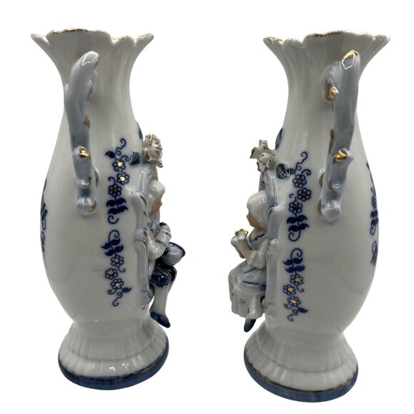 Vintage 1960s Norleans 2 Victorian Style Porcelain Figurine Vases Made In Japan - Picture 6 of 15